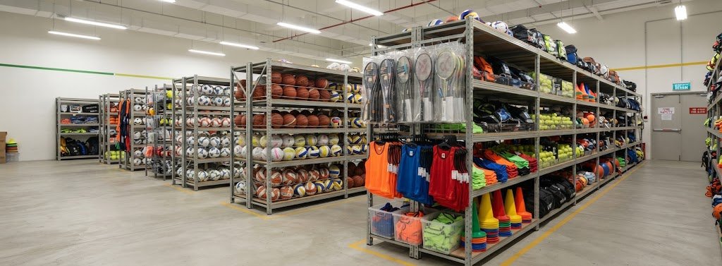 Wide shot of a Singapore sporting goods stock room with balls, racquets and team kit on shelving