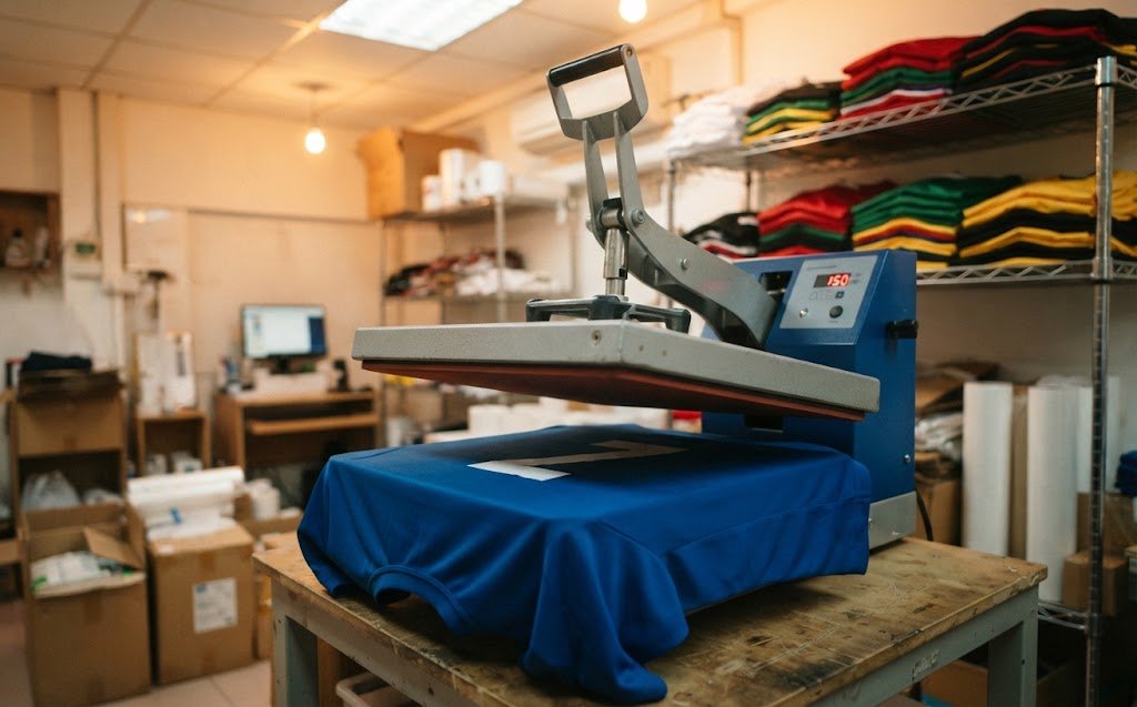 Heat press machine applying a number to a team jersey in a Singapore workshop